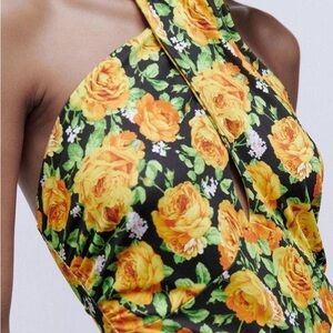 Zara Black halter bodysuit with Orange and Yellow Floral Print Top size S
